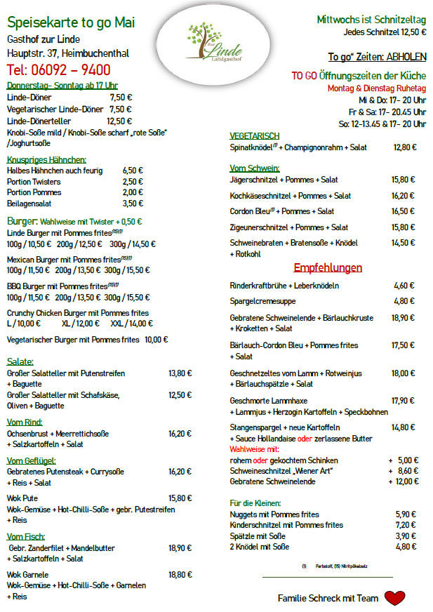 Speisekarte TO GO
