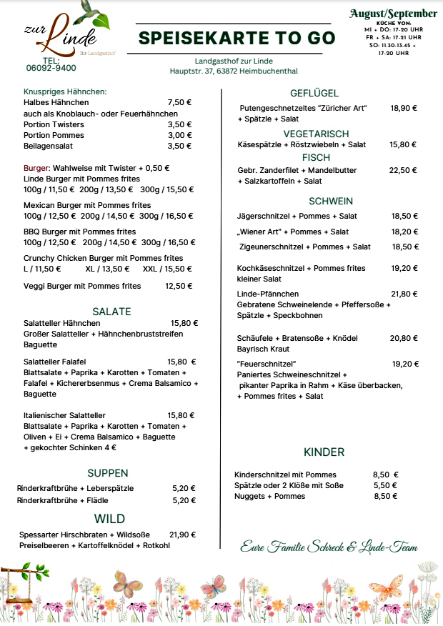 Speisekarte TO GO
